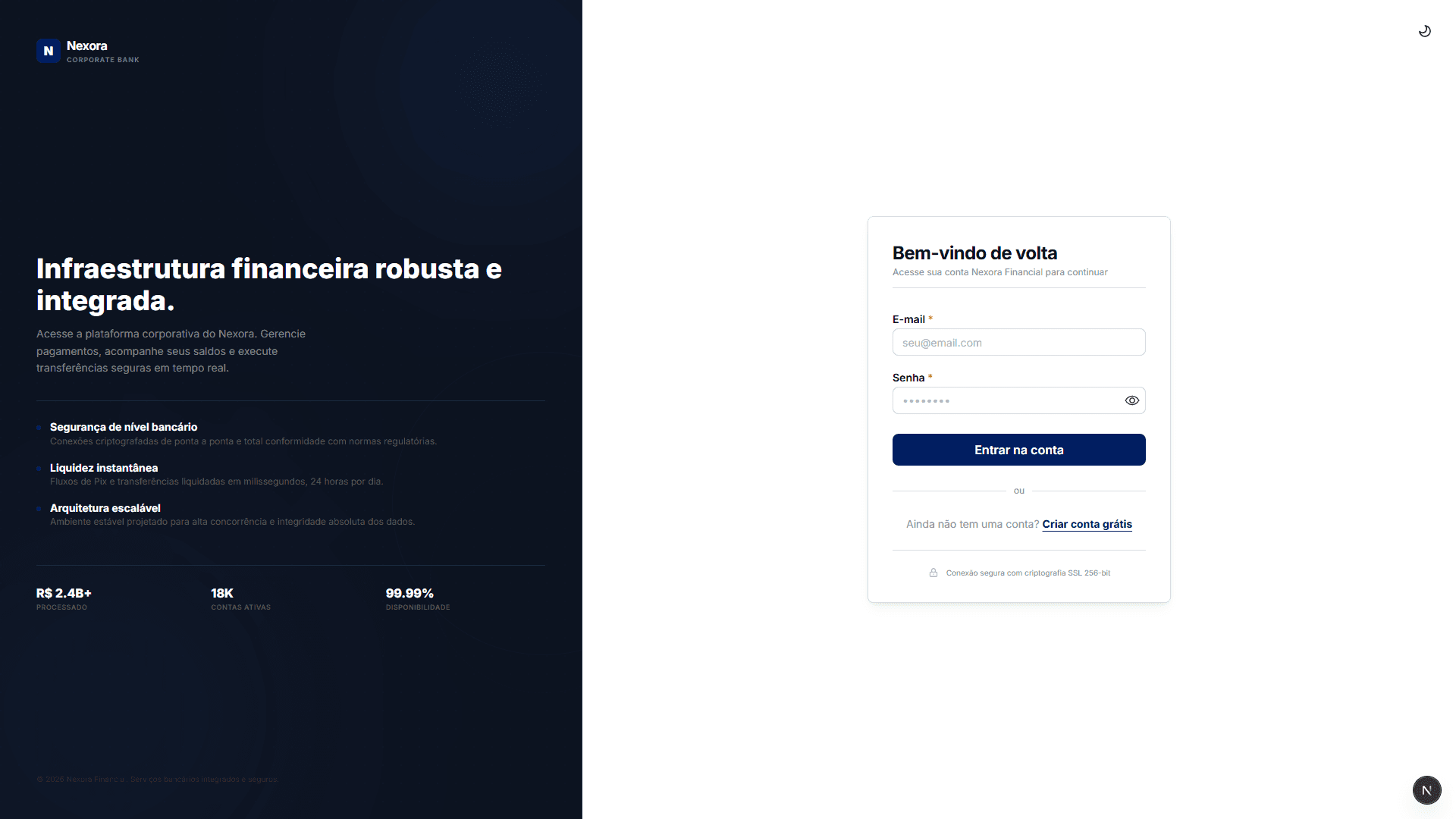 Tela de autenticação do projeto Nexora Financial