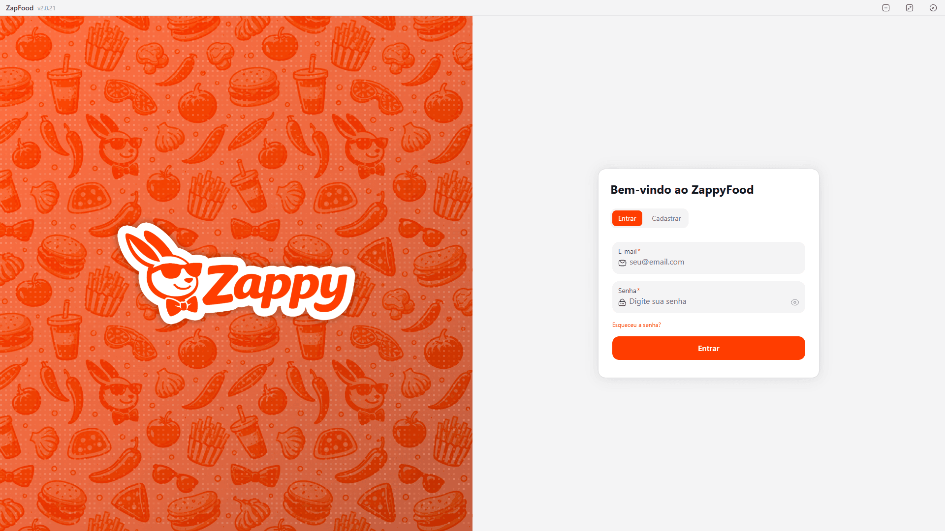 Tela de autenticação do ZapFood Desktop